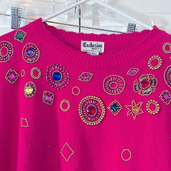 Vintage bright pink cotton/ramie sweater with beads and rhinestones - size L - Picture 9 of 9
